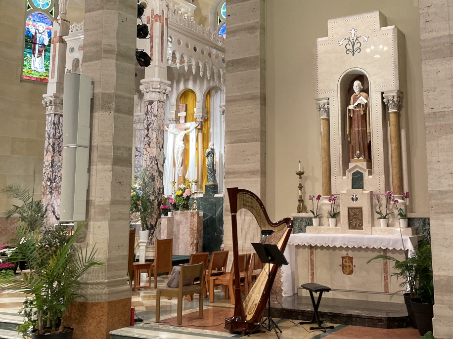Cathedral interior with harp